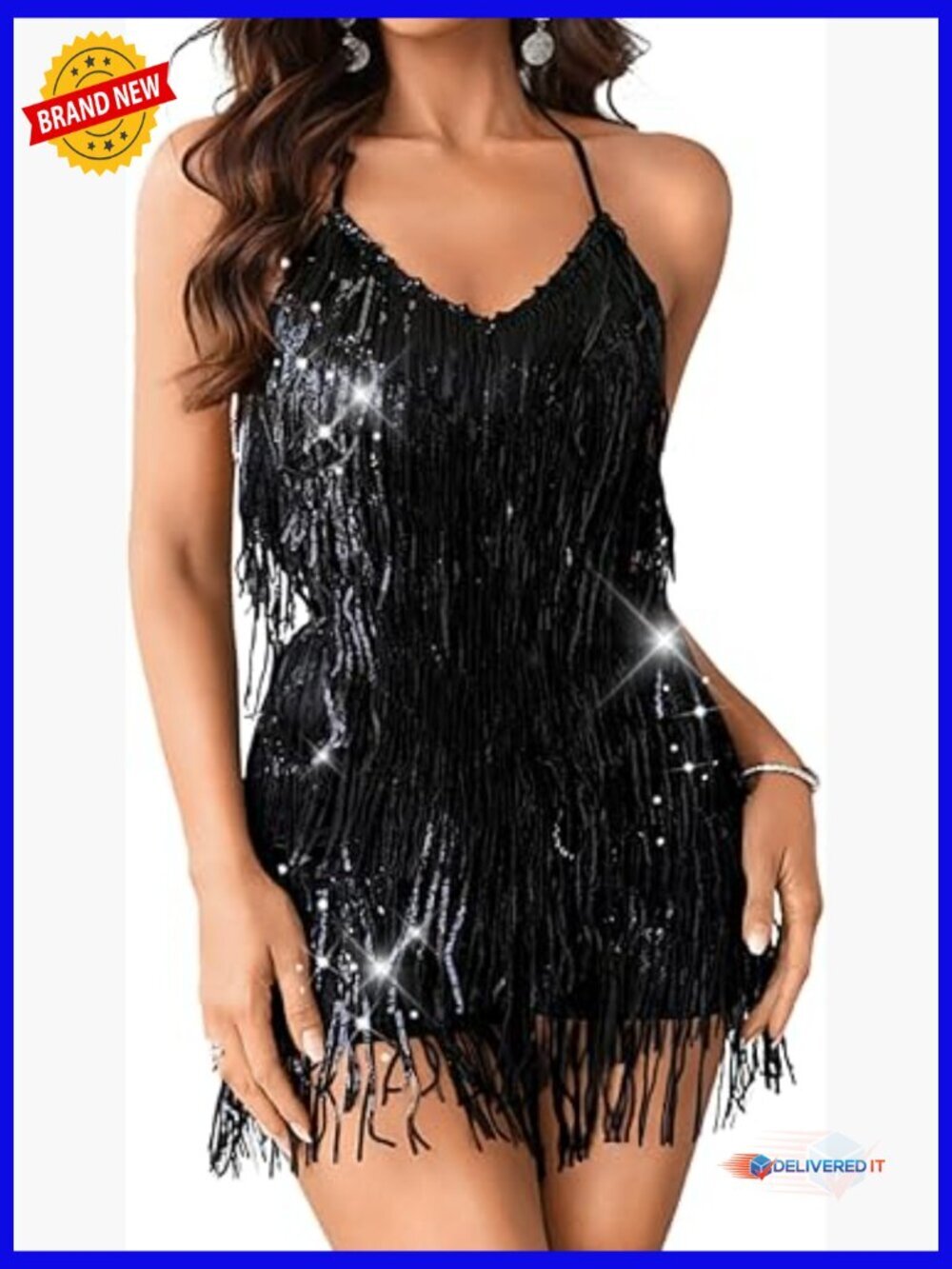 Sequin Fringe Romper, Halter Backless Jumpsuit, Size 4-6, Disco Outfit